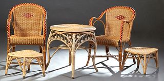 Group of Five Woven Wicker Bentwood Pieces, early 20th c., consisting of a pair of armchairs, a circular coffee table, and a pair of small end tables,