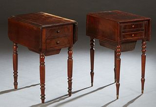 Two French Louis Philippe Carved Walnut Drop Leaf Work Tables, 19th c.,one with two drawers on one end, and a sliding work bin, over a fall front cupb