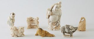 Group of Seven Chinese Carved Ivory Figures, 20th c, consisting of five netsukes, two signed on the bottom; a crawling man, and a standing Hotei, also