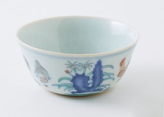 Oriental Porcelain Tea Cup, 20th c., decorated with chickens and flowers, the under side with a stamped mark, H.- 1 1/2 in., Dia.- 3 3/8 in.