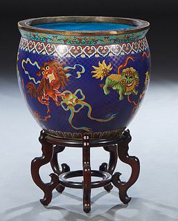 Chinese Large Cloisonne Planter, early 20th c., of tapered baluster form, with a carved mahogany stand, Planter- H.- 17 in., Dia.- 20 1/2 in. Provenan