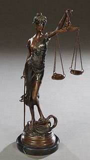 Continental School, "Blind Lady Justice," 20th/21st c., patinated bronze, on a stepped integral bronze base on a figured black marble plinth, H.- 16 3