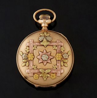 Lady's 14K Yellow and Rose Gold Waltham Hunting Case Pocket Watch, Ser. # 10811963, c. 1901, with applied gold decoration and a central shield with a 