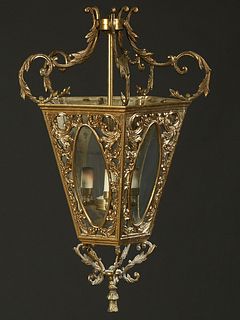 Gilt Brass and Glass Three Light Pentagonal Hall Lantern, 20th c., of tapered form, with a center arm suspending three lights, H.- 21 in., Dia.- 15 in