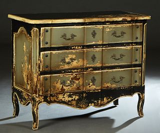 Provincial Style Polychromed Mahogany Louis XV Style Commode, early 20th c., the stepped serpentine top over three deep drawers, on tapered pointed ca
