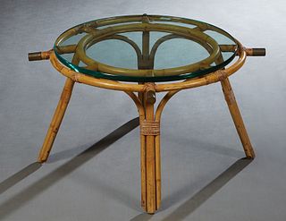 Unusual Bent Bamboo and Wicker Coffee Table, mid 20th c., of ship's wheel design, with a thick glass top, H.- 17 1/2 in., Dia.- 31 1/2 in. Provenance: