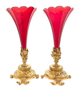 A Pair of French Gilt Bronze and Glass Trumpet Vases Height 20 inches.
