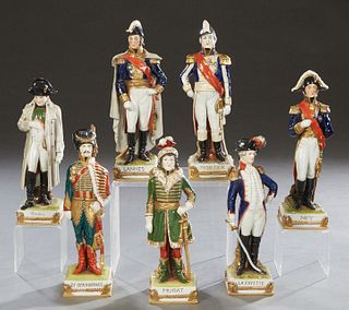 Seven Polychromed Porcelain Sitzendorf Figures of French Military Generals, 20th c, including Napoleon, Lafayette, Murat, Ney, Beauharnais, Mortier, a
