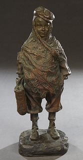 A. Cardonat, "Boy with a Basket," 19th c., with an incised signature proper left top of the integral base, stamped "Bronze Garanti" from the Caranto f