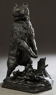 Evgeni Alexandrovich (Eugene) Lanceray (1848-1886, Russian), "Standing Siberian Grizzly," 19th c., patinated bronze sculpture on an integral hexagonal