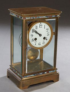 French Champleve and Gilt Brass Crystal Regulator Mantel Clock, late 19th c., with champleve enamel banding over an enamel dial time and strike moveme
