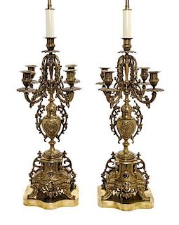 A Pair of Neoclassical Gilt Bronze Five-Light Candelabra Height 38 1/2 inches.