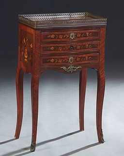 French Marble Top Marquetry Inlaid Mahogany Ormolu Mounted Night Stand, early 20th c., with a pierced brass gallery around a highly figured bowed brow