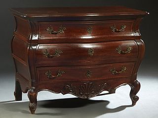 French Louis XV Style Carved Mahogany Bowfront Commode, the stepped bowed top over three bowed drawers, flanked by bower sides, on large scrolled cabr