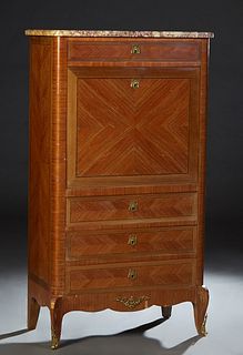 French Provincial Louis XV Style Carved Cherry Marble Top Secretary Abattant, 19th c., the tan rounded corner ogee edge breche d'Alpes marble over a f