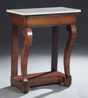 French Carved Mahogany Marble Top Console Table, late 19th c., the figured rounded corner rectangular white marble over a cavetto frieze drawer, on sc