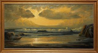 Beverly Carrick (1930-, California), "Seascape at Sunset," 20th c., oil on canvas, signed lower right, presented in a gilt frame, H.- 23 3/8 in., W.- 