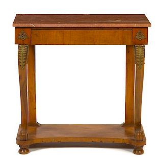 * An Empire Style Gilt Metal Mounted Console Table Height 31 3/4 x width 32 1/2 x depth 13 1/2 inches.