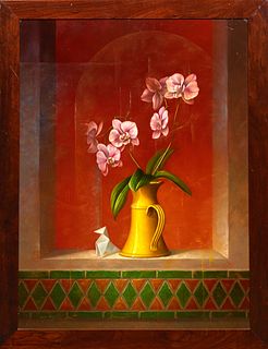 Leon Olmo (1948-, Spain), "Still Life of Orchid and Origami Dog," 20th c., oil on board, signed lower left, presented in a wood frame, H.- 31 1/2 in.,