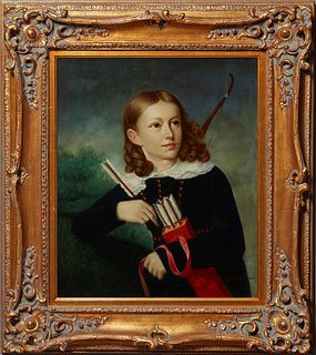 Chinese School, "Boy with a Bow and Arrow," 20th c., oil on canvas, signed "G. Serrure," presented in an ornate gilt frame, H.- 23 1/2 in., W.- 19 1/2