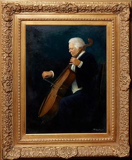 Chinese School, Gentleman Playing a Cello, 21st c., oil on canvas, signed "Perez" lower right, presented in a gilt frame, H.- 23 in., W.- 17 1/4 in., 