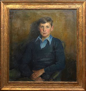 Rosamond Niles (1881-1960, American), "Portrait of a Boy in Blue," c. 1933, oil on canvas, signed and dated on bottom left corner, presented in a gilt