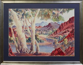Herbert Raberaba (1920-1980, Australia), "Central Australian Landscape," 20th c., watercolor on paper, signed lower center, presented in a silvered fr