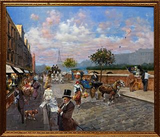 Francesco Tammaro (1939-, Italy/France), "Paris Street Scene Along the Seine River," late 20th c., oil on board, signed lower right, signed and titled