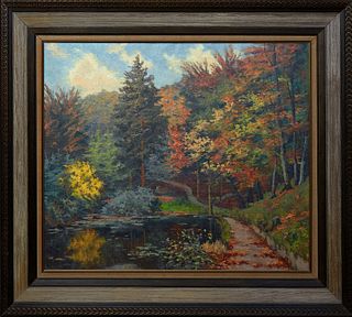 V. Pahl, "Fall Landscape," 20th c., oil on canvas, signed lower right, presented in a wood frame, H.- 21 in., W.- 25 in., Framed H.- 29 in., W.- 33 in