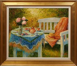 Jos Pauwels (1903-1983, Belgium), "Garden View," 20th c., oil on canvas, signed lower right, presented in gilt frame, H.- 24 1/2 in., W.- 29 1/2 in., 