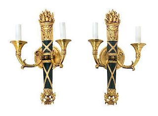 A Pair of Empire Style Gilt and Painted Metal Two-Light Sconces Height 17 inches.