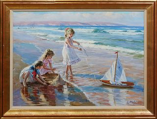 Leon Michel, "Girls Playing with Boat on Beach," early 20th c., oil on canvas, signed lower right, presented in a gilt frame, H.- 23 in., w.- 30 3/4 i