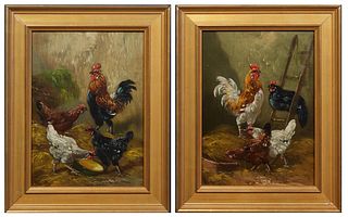 Henry Schouten (1857-1927, Belgian), "Chickens in the Barn," 20th c., pair of oils on board, each signed lower left, each presented in a gilt frame, H