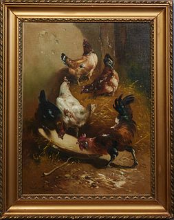Henry Schouten (1857-1927, Belgian), "Chickens in the Barn," early 20th c., oil on canvas, signed lower left, presented in a gilt and gesso frame, H.-