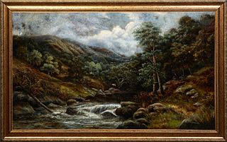 Edwin Ellis (1842-1895, British), "Wooded Landscape," 19th c., signed lower left, presented in a polychromed frame, H.- 21 3/4 in., W.- 37 1/2 in., Fr