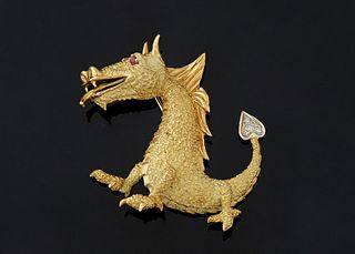 18K Yellow Gold Dragon Brooch, marked Suret, with Ruby Eyes, and a pave diamond mounted tail, H.- 1 1/2 in., W.- 1 3/4 in., D.- 5/8 in., Wt.- .61 Troy