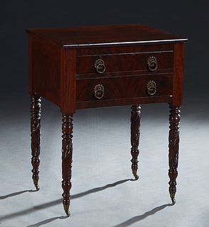 American Carved Mahogany Work Table, late 19th c., the rectangular top over a compartmented upper drawer above a lower drawer, both with brass pulls, 