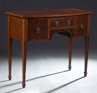 Diminutive English Inlaid Mahogany Sideboard, early 20th c., the bowed top over a frieze drawer flanked by two deep drawers, on tapered square legs wi