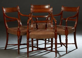 Set of Four English Carved Mahogany Armchairs, 20th c., the canted back with an incised carved crest rail and horizontal splat, to reeded curved arms 