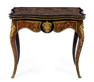 A Napoleon III Gilt Bronze Mounted Boulle Marquetry Game Table Height 30 3/4 x width 35 x depth 18 inches.