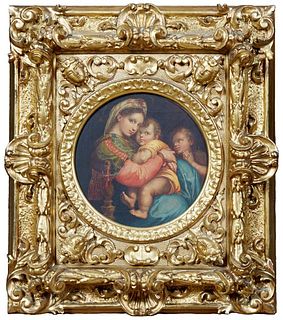 After Raphael (1483-1520, Italian), "Madonna della Seggiola," 19th c., oil on canvas, unsigned, with a Christie's auction sticker from 2003 attached t