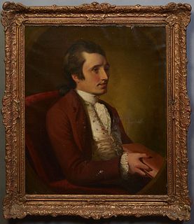 Continental School, "Portrait of a Gentleman with Book," 19th c., oil on canvas, unsigned, presented in a gilt frame, H.- 29 5/8 in., W.- 24 5/8 in., 