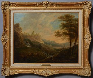 Attributed to Richard Wilson (1713-1782, Welsh), "Mountain Landscape with Castle in Distance," early 19th c., oil on canvas, unsigned, with artist att