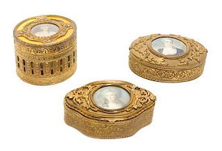 Three French Gilt Metal Table Boxes Diameter of circular box 3 3/4 inches.