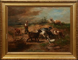 Henry Schouten (1857-1927, Belgian), "The Goat Herder," early 20th c., oil on canvas, signed lower right, presented in a gilt and gesso frame, H.- 17 