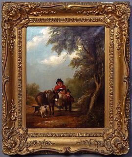 Style of Robert Gavin, "Woman and Boy Going to Market," 19th c., oil on canvas, signed J.Gavin lower left, with "J. Harvey 15 Catherine S Strand Londo
