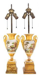 A Pair of Paris Porcelain Urns Height 13 3/4 inches.