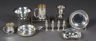 Group of Ten Sterling Pieces, consisting of four individual salt shakers; a circular footed bowl, by Reed & Barton, # X1459; a child's cup, By Gorham,