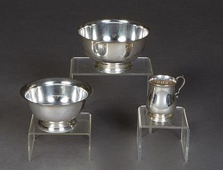 Three Sterling "Paul Revere" Reproductions, consisting of a footed bowl, by Poole, #3351; a footed bowl by Gorham, #41658; and a footed cup, by Lunt, 