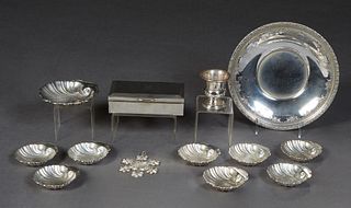 Group of Fourteen Sterling Silver Objects, 20th c., consisting of a Gorham shell form dish, #445; 8 shell form salts by Weidlich Brothers; a circular 